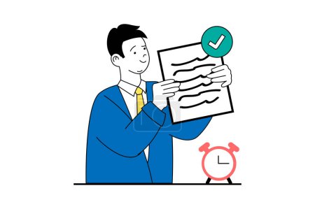 Illustration for Productivity workplace concept with people scene in flat web design. Man making paperwork at office and finishing tasks to deadline. Vector illustration for social media banner, marketing material. - Royalty Free Image