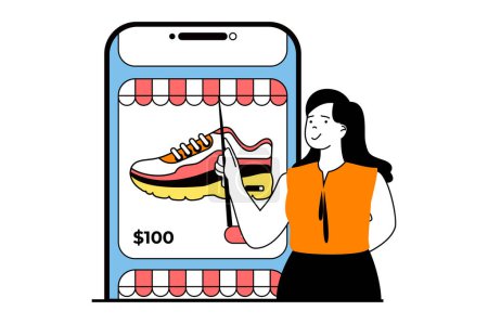 Téléchargez les illustrations : Concept de shopping avec les gens scène dans le design web plat. Femme choisissant de nouvelles chaussures dans l'assortiment de boutique en ligne en utilisant l'application mobile. Illustration vectorielle pour bannière de médias sociaux, matériel de marketing. - en licence libre de droit