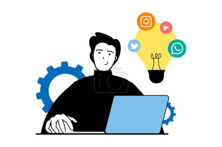 Illustration for Social media marketing concept with people scene in flat web design. Man brainstorming and browsing at laptop, promoting blog online. Vector illustration for social media banner, marketing material. - Royalty Free Image