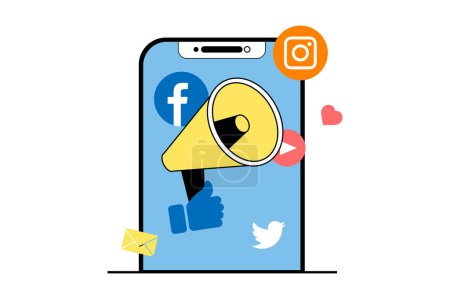 Illustration for Social media marketing concept with people scene in flat web design. Online promotion at different sites, creating promo posts in blog. Vector illustration for social media banner, marketing material. - Royalty Free Image