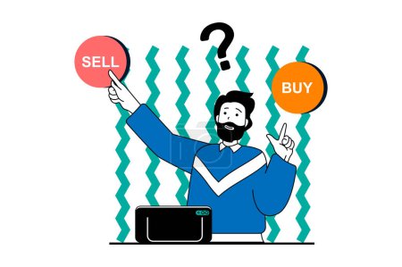 Illustration for Stock trading concept with people scene in flat web design. Man selling or buying shares, analyzing financial data of exchange market. Vector illustration for social media banner, marketing material. - Royalty Free Image
