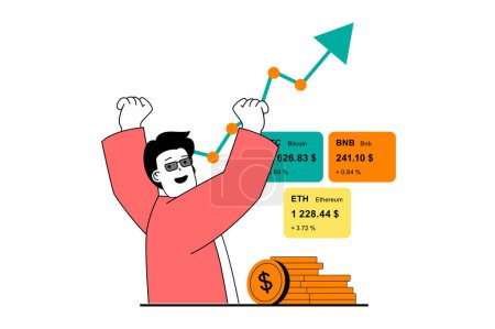 Illustration for Stock trading concept with people scene in flat web design. Man making success investments and earning money at growing accounts. Vector illustration for social media banner, marketing material. - Royalty Free Image