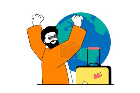 Illustration for Travel vacation concept with people scene in flat web design. Man with suitcase go in global trip with sightseeing and excursion. Vector illustration for social media banner, marketing material. - Royalty Free Image