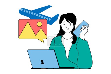 Illustration for Travel vacation concept with people scene in flat web design. Woman booking tickets to airplane using laptop, planning tour for rest. Vector illustration for social media banner, marketing material. - Royalty Free Image