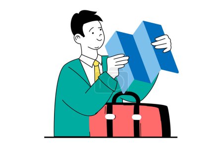 Illustration for Travel vacation concept with people scene in flat web design. Man with luggage looking at map and choosing route for adventure trip. Vector illustration for social media banner, marketing material. - Royalty Free Image