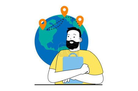 Illustration for Worldwide delivery concept with people scene in flat web design. Man using international shipping service and tracking locations. Vector illustration for social media banner, marketing material. - Royalty Free Image