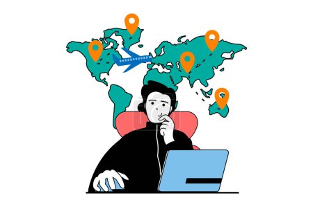 Illustration for Worldwide delivery concept with people scene in flat web design. Man sending parcel by airplane and tracking location route at map. Vector illustration for social media banner, marketing material. - Royalty Free Image