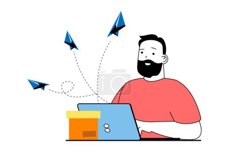 Illustration for Worldwide delivery concept with people scene in flat web design. Man sending parcels, tracking barcodes online and waiting shipping. Vector illustration for social media banner, marketing material. - Royalty Free Image