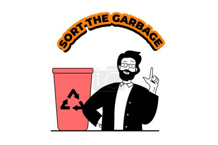 Illustration for Zero waste concept with people scene in flat web design. Man campaigning eco lifestyle and sort the garbage for nature protecting. Vector illustration for social media banner, marketing material. - Royalty Free Image