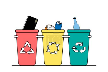 Illustration for Zero waste concept with people scene in flat web design. Collecting and separating garbage into different trash bin for recycling. Vector illustration for social media banner, marketing material. - Royalty Free Image