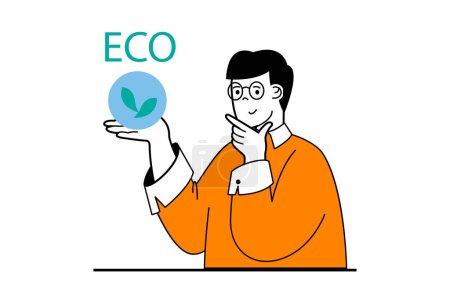 Illustration for Zero waste concept with people scene in flat web design. Eco activist man thinking about protecting nature and saving planet strategy. Vector illustration for social media banner, marketing material. - Royalty Free Image