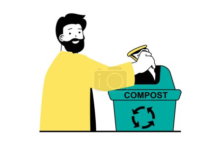 Ilustración de Concepto de cero residuos con escena de personas en diseño web plano. Hombre recogiendo restos de cocina a la basura para el reciclaje orgánico y el compostaje. Ilustración vectorial para banner de redes sociales, material de marketing. - Imagen libre de derechos
