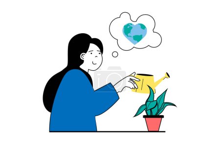 Illustration for Zero waste concept with people scene in flat web design. Woman watering seedling and growing plants and trees for planting in forests. Vector illustration for social media banner, marketing material. - Royalty Free Image