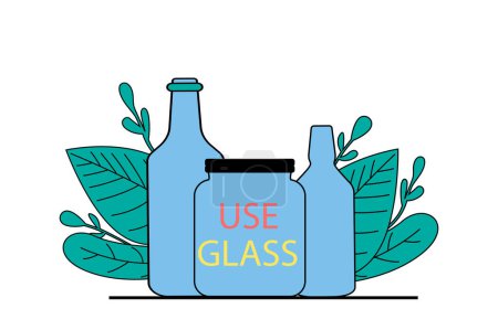 Illustration for Zero waste concept with people scene in flat web design. Eco lifestyle with using glass bottles and jars, ecological reusable goods. Vector illustration for social media banner, marketing material. - Royalty Free Image
