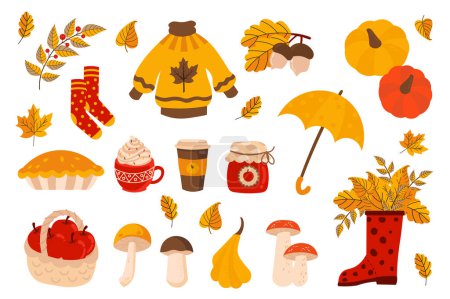 Ilustración de Acogedores elementos mega set de otoño en diseño plano. Paquete de hojas de color naranja que caen, suéter, calcetines, calabazas, paraguas, pastel, taza de cacao, botas de goma y otros. Ilustración vectorial objetos gráficos aislados - Imagen libre de derechos
