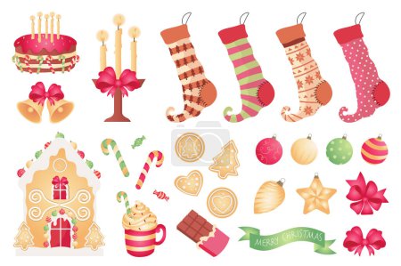 Illustration for Christmas attributes mega set elements in flat design. Bundle of cake, candles, socks, bells, gingerbread cookies, house, cocoa mug, toy balls and other. Vector illustration isolated graphic objects - Royalty Free Image