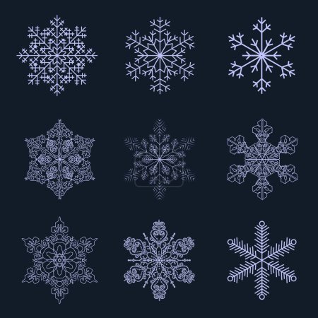 Ilustración de Copos de nieve mega conjunto de elementos en diseño plano. Paquete de diferentes tipos de formas de nieve ornamentadas simétricas y geométricas, siluetas delgadas de cristal congelado. Ilustración vectorial objetos gráficos aislados - Imagen libre de derechos