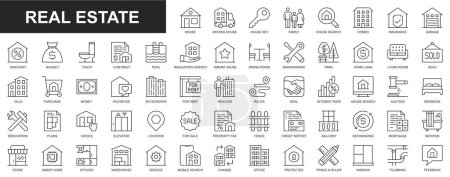 Ilustración de Iconos web de bienes raíces establecidos en diseño de línea delgada. Pack de casa, mudanza a casa, llave, seguro, garaje, presupuesto, contrato, agencia inmobiliaria, hipoteca, préstamo, propiedad, otro. Pictogramas del trazo del contorno vectorial - Imagen libre de derechos