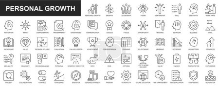 Illustration for Personal growth web icons set in thin line design. Pack of leadership, vision, mentorship, skill, creativity, motivation, impact, compensation, communication, other. Vector outline stroke pictograms - Royalty Free Image