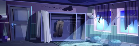 Ilustración de Banner de fondo de habitación oscura abandonada en diseño de dibujos animados planos. Cartel interior del apartamento nocturno con ventanas a la luz de la luna, recortes de cortina, agujero y grietas en la pared sucia, armario viejo. Ilustración vectorial - Imagen libre de derechos