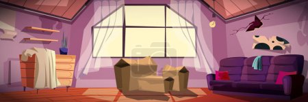 Illustration for Attic dirty room background banner in flat cartoon design. Apartment interior poster with big window, old sofa and dusty cardboard boxes, dresser, hole and cracks on messy wall. Vector illustration - Royalty Free Image