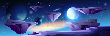 Ilustración de Astronauta en el espacio banner de fondo en diseño de dibujos animados planos. Cartel de fantasía Cosmos con astronauta en traje espacial caminando por la superficie cósmica con vistas a las montañas y al planeta púrpura. Ilustración vectorial - Imagen libre de derechos