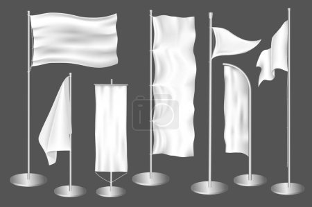 Ilustración de Banderas al aire libre mega conjunto en el diseño realista 3d. Elementos del paquete de maquetas vacías blancas de banderas y carteles en postes de acero para publicidad y promoción. Ilustración vectorial objetos gráficos aislados - Imagen libre de derechos