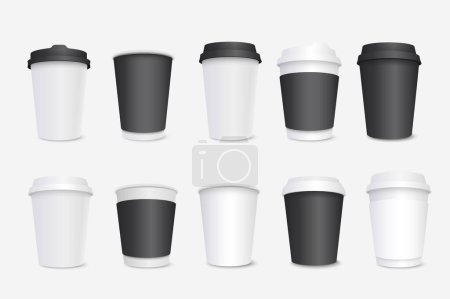 Illustration for Paper coffee cups mega set in 3d realistic design. Bundle elements of white and black cardboard containers with lids for latte, mocha, cappuccino drinks. Vector illustration isolated graphic objects - Royalty Free Image
