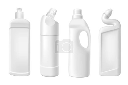 Illustration for Softener in bottles mega set in 3d realistic design. Bundle elements of different types of white plastic bottles with liquid household chemical for fabric. Vector illustration isolated graphic objects - Royalty Free Image