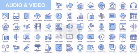 Illustration for Audio and video web icons set in blue line design. Pack of camera movie, voice, radio, music streaming, photography, headphones, cinema, podcast, broadcasting, other. Vector outline stroke pictograms - Royalty Free Image