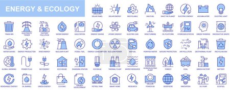 Illustration for Energy and ecology web icons set in blue line design. Pack of solar panel, recyclable, gas fuel, save planet, accumulator, trash bin, factory pollution, eco and other. Vector outline stroke pictograms - Royalty Free Image