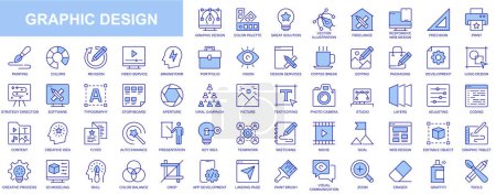 Illustration for Graphic design web icons set in blue line design. Pack of color palette, solution, freelance, print, painting, video service, brainstorming, portfolio, editing, other. Vector outline stroke pictograms - Royalty Free Image
