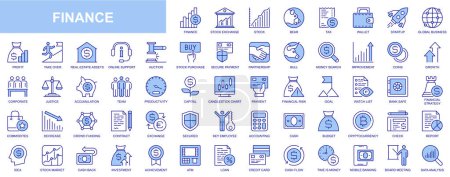 Illustration for Finance web icons set in blue line design. Pack of stock exchange, loan, tax, wallet, startup, global business, profit, online support, purchase, partnership, other. Vector outline stroke pictograms - Royalty Free Image