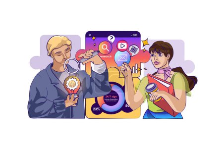 Illustration for Business solution concept with people scene in flat cartoon design for web. Team searching new ideas and making creative research. Vector illustration for social media banner, marketing material. - Royalty Free Image