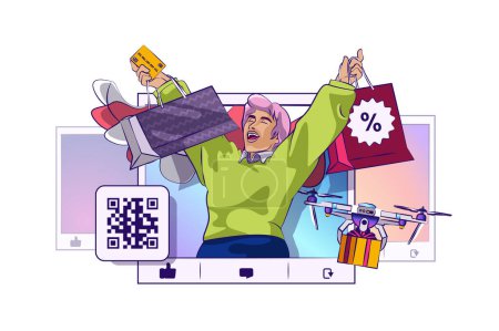 Illustration for Online shop concept with people scene in flat cartoon design for web. Happy woman with bags making bargain purchases in internet store. Vector illustration for social media banner, marketing material. - Royalty Free Image