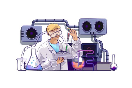Illustration for Science laboratory concept with people scene in flat cartoon design for web. Scientist makes chemical test in flasks, working in lab. Vector illustration for social media banner, marketing material. - Royalty Free Image