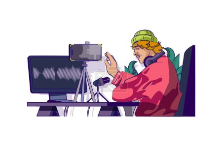 Illustration for Video communication concept with people scene in flat cartoon design for web. Man calling by video zoom using computer and microphone. Vector illustration for social media banner, marketing material. - Royalty Free Image