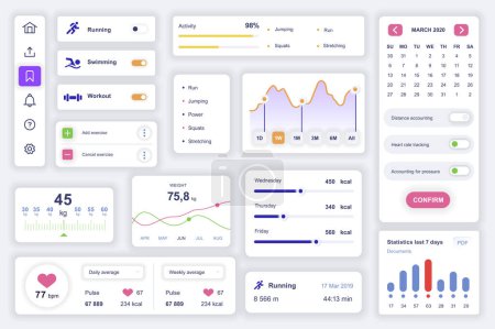 Illustration for User interface elements set for fitness mobile app. Kit template with HUD diagrams, running, swimming, workout information, training monitoring charts. Pack of UI, UX, GUI screens. Vector components. - Royalty Free Image