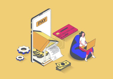 Illustration for Online banking concept in 3d isometric design. Woman paying digital invoice, makes financial transactions and manages finances in app. Vector illustration with isometry people scene for web graphic - Royalty Free Image