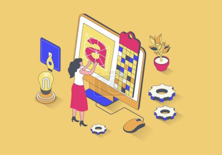 Illustration for Design studio concept in 3d isometric design. Woman creating logo for branding, drawing digital content and selecting colours palette. Vector illustration with isometry people scene for web graphic - Royalty Free Image