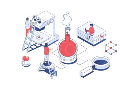Illustration for Science laboratory concept in 3d isometric design. Scientific team making chemicals tests in flasks, researching liquid in lab tubes. Vector illustration with isometry people scene for web graphic - Royalty Free Image