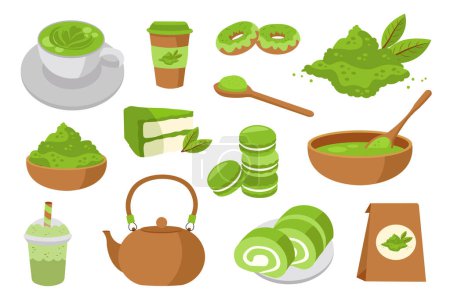 Matcha tea mega set in flat cartoon design. Bundle elements of green powder, latte in mug, paper cup, teapot, desserts, traditional bowl and spoon, other. Vector illustration isolated graphic objects