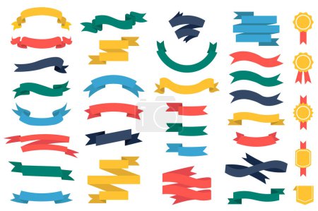 Illustration for Ribbons mega set in flat cartoon design. Bundle elements of different colors blank ribbons with folded and scrolling edges and award medals templates. Vector illustration isolated graphic objects - Royalty Free Image