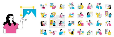 Illustration for Design and development concept with people situations mega set in flat web design. Bundle scenes of graphic designing and coding. Vector illustrations for social media banner, marketing material. - Royalty Free Image