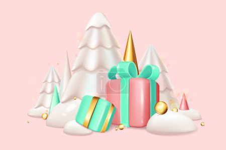 Illustration for Christmas and New Year 2024 background in 3d realistic design. Festive pine trees, geometric shapes, snow, gift boxes with bows and golden elements. Xmas banner in plastic style. Vector illustration. - Royalty Free Image
