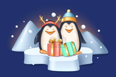 Ilustración de Navidad y Año Nuevo 2024 fondo en 3d diseño realista. Lindos pingüinos en Santa Claus o sombreros de renos con regalos en el hielo flotan en el polo norte. Banner de Navidad en estilo plástico. Ilustración vectorial. - Imagen libre de derechos