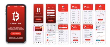 Illustration for Crypto mobile app interface screens template set. Online account, data analysis, earnings statistics, trading, currency exchange. Pack of UI, UX, GUI kit for application web layout. Vector design. - Royalty Free Image