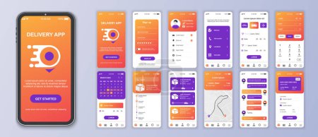 Illustration for Delivery mobile app interface screens template set. Online account, courier shipping, parcel calculate, tracking order map, payment. Pack of UI, UX, GUI kit for application web layout. Vector design. - Royalty Free Image