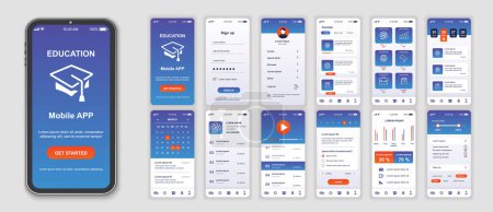 Illustration for Education mobile app interface screens template set. Online account, courses, lessons list, university platform, progress statistic. Pack of UI, UX, GUI kit for application web layout. Vector design. - Royalty Free Image