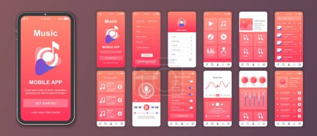 Illustration for Music mobile app interface screens template set. Online account, playlist, song collection, player, equalizer settings, album search. Pack of UI, UX, GUI kit for application web layout. Vector design. - Royalty Free Image